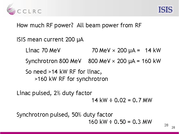 How much RF power? All beam power from RF ISIS mean current 200 µA