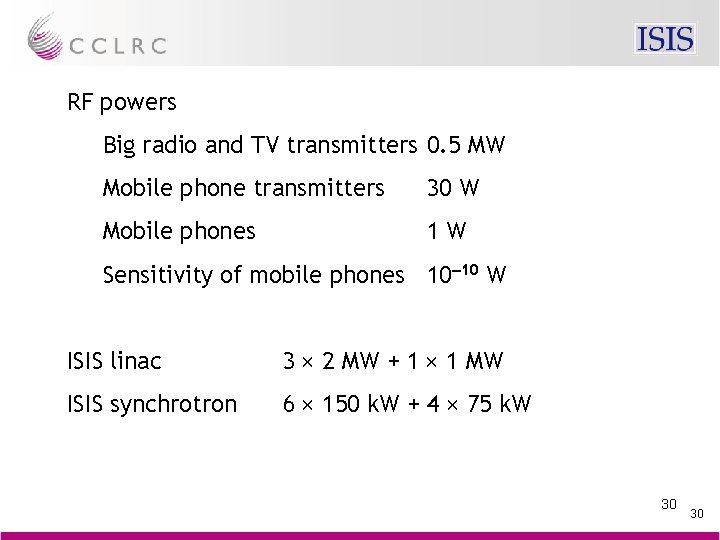 RF powers Big radio and TV transmitters 0. 5 MW Mobile phone transmitters 30