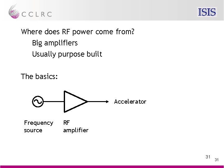 Where does RF power come from? Big amplifiers Usually purpose built The basics: Accelerator