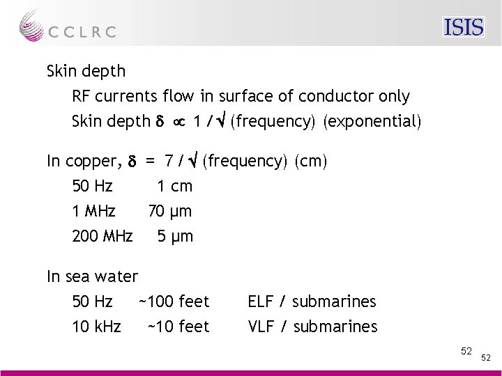 Skin depth RF currents flow in surface of conductor only Skin depth d µ