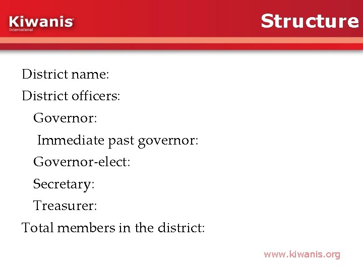 Structure District name: District officers: Governor: Immediate past governor: Governor-elect: Secretary: Treasurer: Total members