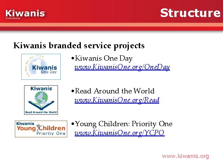 Structure Kiwanis branded service projects • Kiwanis One Day www. Kiwanis. One. org/One. Day