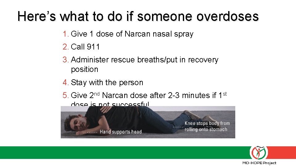 Here’s what to do if someone overdoses 1. Give 1 dose of Narcan nasal Here’s what to do if someone overdoses 1. Give 1 dose of Narcan nasal