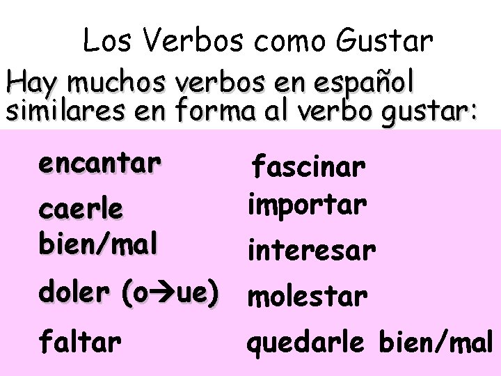 Los Verbos como Gustar Hay muchos verbos en español similares en forma al verbo
