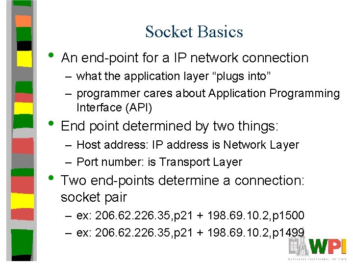 Socket Basics • An end-point for a IP network connection – what the application