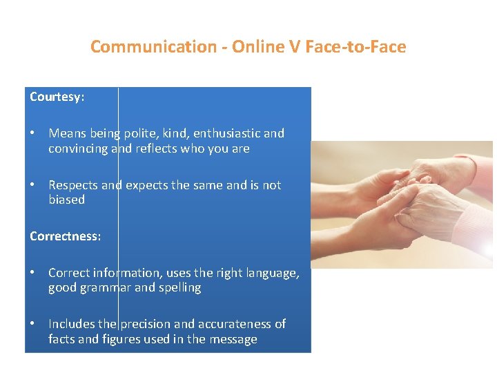 Communication - Online V Face-to-Face Courtesy: • Means being polite, kind, enthusiastic and convincing Communication - Online V Face-to-Face Courtesy: • Means being polite, kind, enthusiastic and convincing