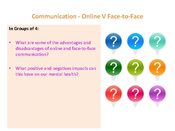 Communication - Online V Face-to-Face In Groups of 4: • What are some of