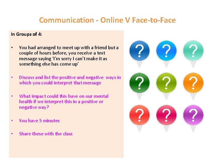 Communication - Online V Face-to-Face In Groups of 4: • You had arranged to