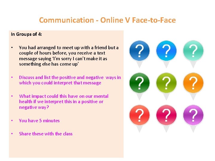 Communication - Online V Face-to-Face In Groups of 4: • You had arranged to Communication - Online V Face-to-Face In Groups of 4: • You had arranged to