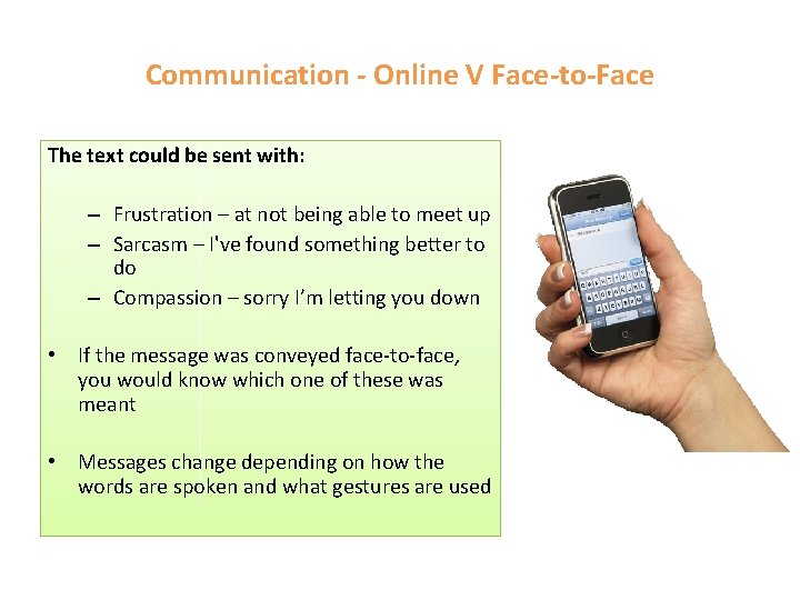 Communication - Online V Face-to-Face The text could be sent with: – Frustration –