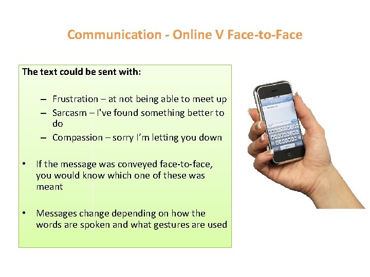Communication - Online V Face-to-Face The text could be sent with: – Frustration – Communication - Online V Face-to-Face The text could be sent with: – Frustration –