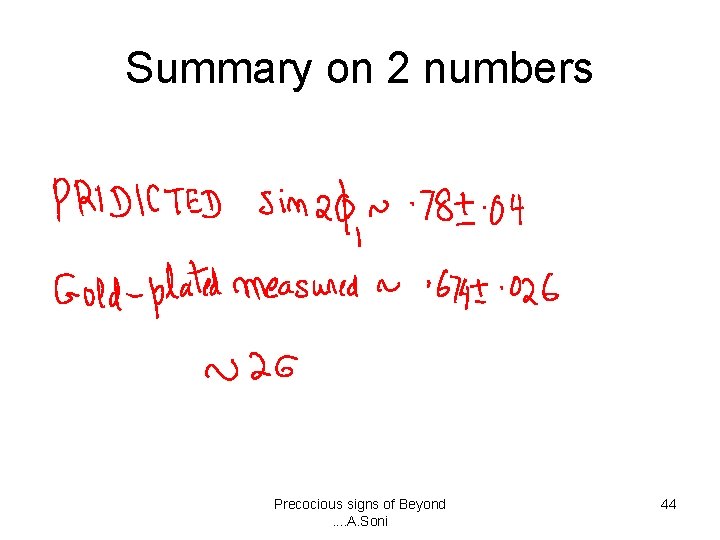 Summary on 2 numbers Precocious signs of Beyond. . A. Soni 44 