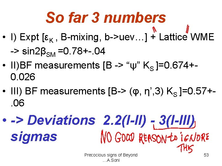So far 3 numbers • I) Expt [εK , B-mixing, b->ueν…] + Lattice WME