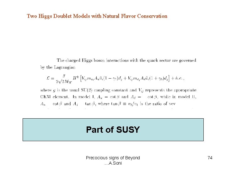 Two Higgs Doublet Models with Natural Flavor Conservation Part of SUSY Precocious signs of