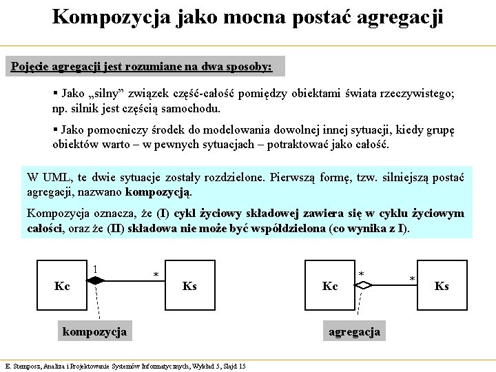 Kompozycja jako mocna postać agregacji Pojęcie agregacji jest rozumiane na dwa sposoby: § Jako