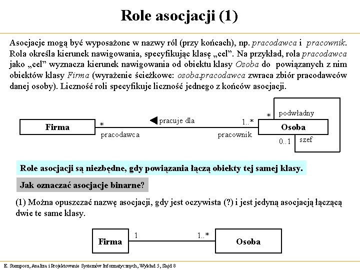 Role asocjacji (1) Asocjacje mogą być wyposażone w nazwy ról (przy końcach), np. pracodawca