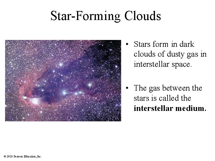 Star-Forming Clouds • Stars form in dark clouds of dusty gas in interstellar space.