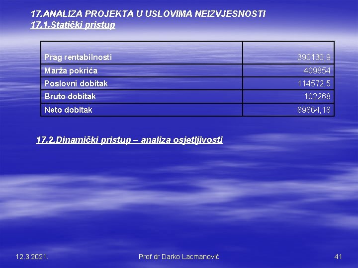 17. ANALIZA PROJEKTA U USLOVIMA NEIZVJESNOSTI 17. 1. Statički pristup Prag rentabilnosti 390130, 9