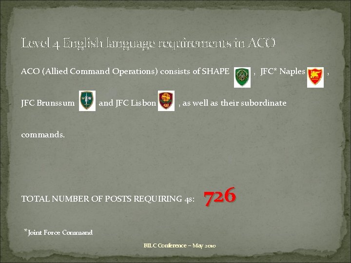 Level 4 English language requirements in ACO (Allied Command Operations) consists of SHAPE JFC