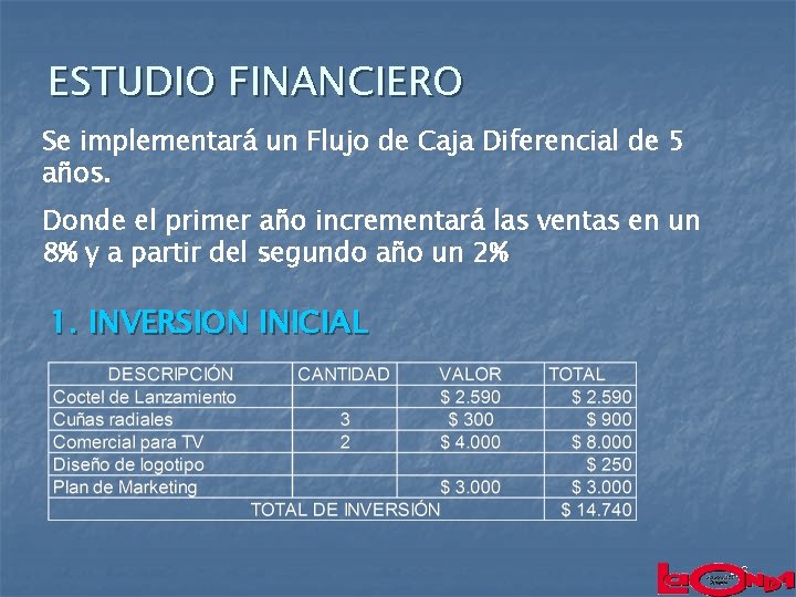 ESTUDIO FINANCIERO Se implementará un Flujo de Caja Diferencial de 5 años. Donde el