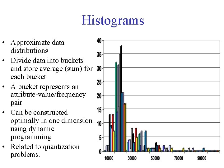 Histograms • Approximate data distributions • Divide data into buckets and store average (sum)