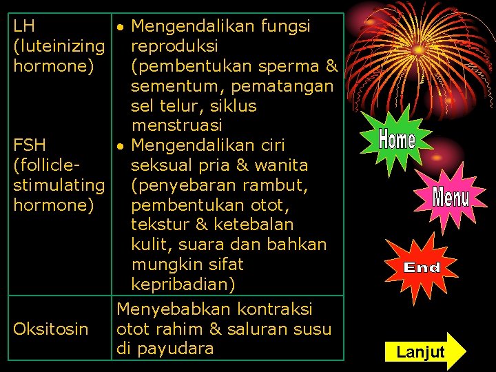 LH Mengendalikan fungsi (luteinizing reproduksi hormone) (pembentukan sperma & sementum, pematangan sel telur, siklus