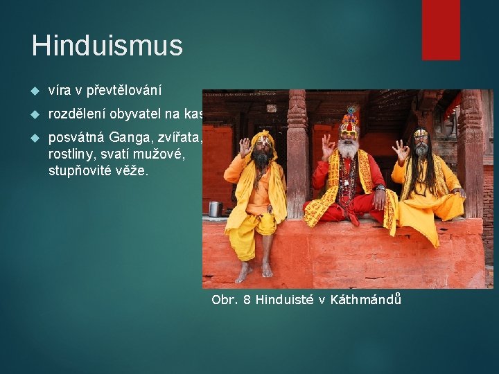 Hinduismus víra v převtělování rozdělení obyvatel na kasty posvátná Ganga, zvířata, rostliny, svatí mužové,