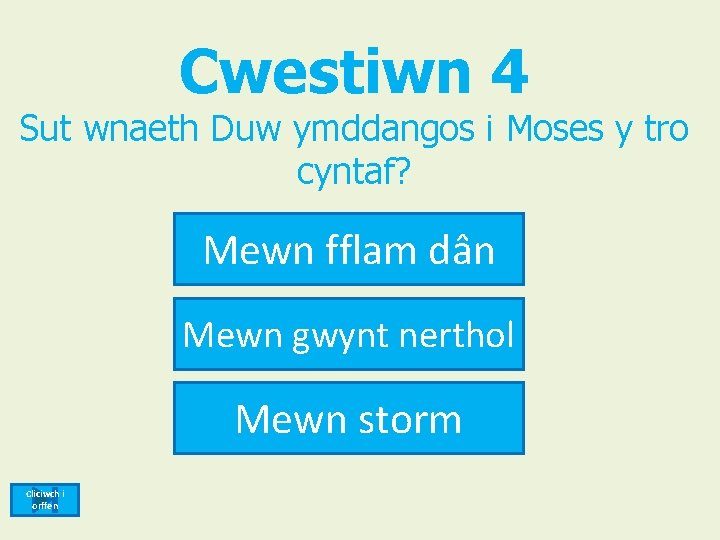 Cwestiwn 4 Sut wnaeth Duw ymddangos i Moses y tro cyntaf? Mewn fflam dân