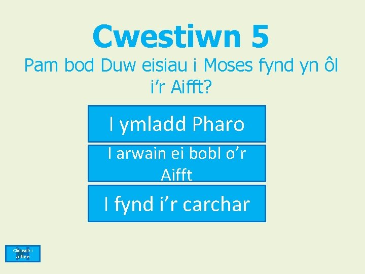 Cwestiwn 5 Pam bod Duw eisiau i Moses fynd yn ôl i’r Aifft? I