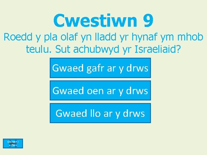 Cwestiwn 9 Roedd y pla olaf yn lladd yr hynaf ym mhob teulu. Sut