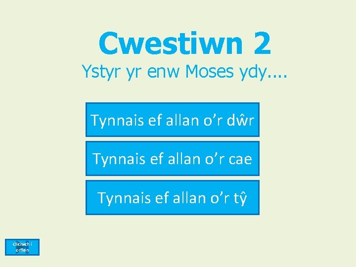 Cwestiwn 2 Ystyr yr enw Moses ydy. . Tynnais ef allan o’r dŵr Tynnais