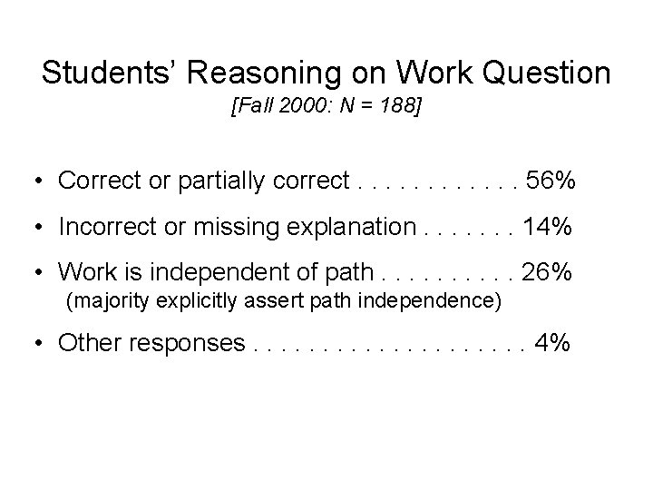 Students’ Reasoning on Work Question [Fall 2000: N = 188] • Correct or partially