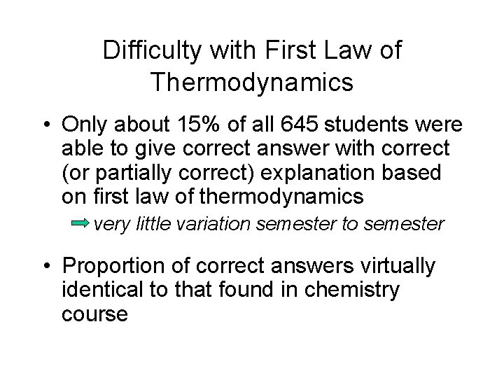 Difficulty with First Law of Thermodynamics • Only about 15% of all 645 students