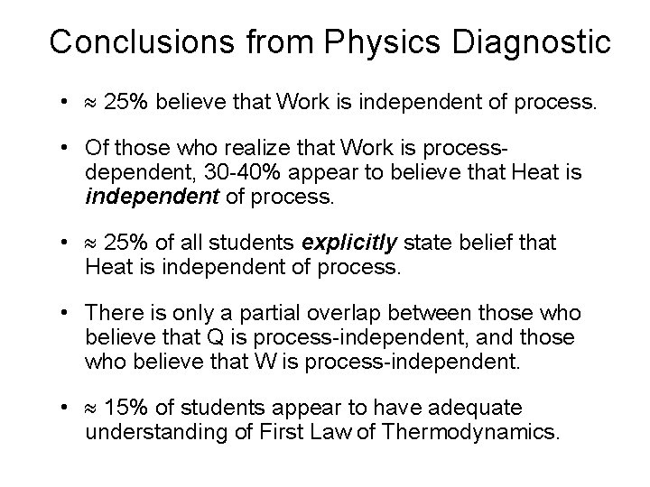 Conclusions from Physics Diagnostic • 25% believe that Work is independent of process. •