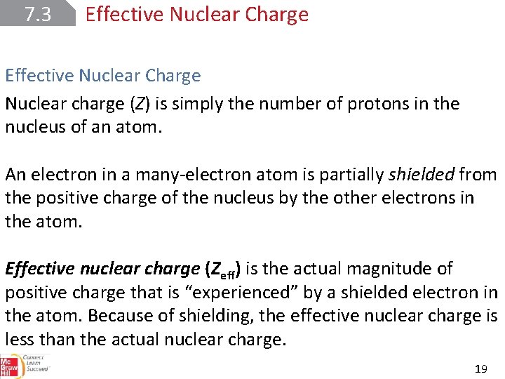 7. 3 Effective Nuclear Charge Nuclear charge (Z) is simply the number of protons