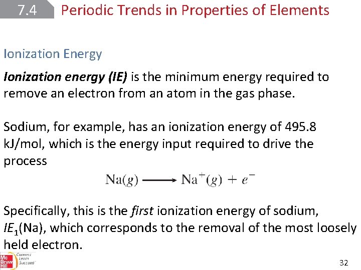 7. 4 Periodic Trends in Properties of Elements Ionization Energy Ionization energy (IE) is