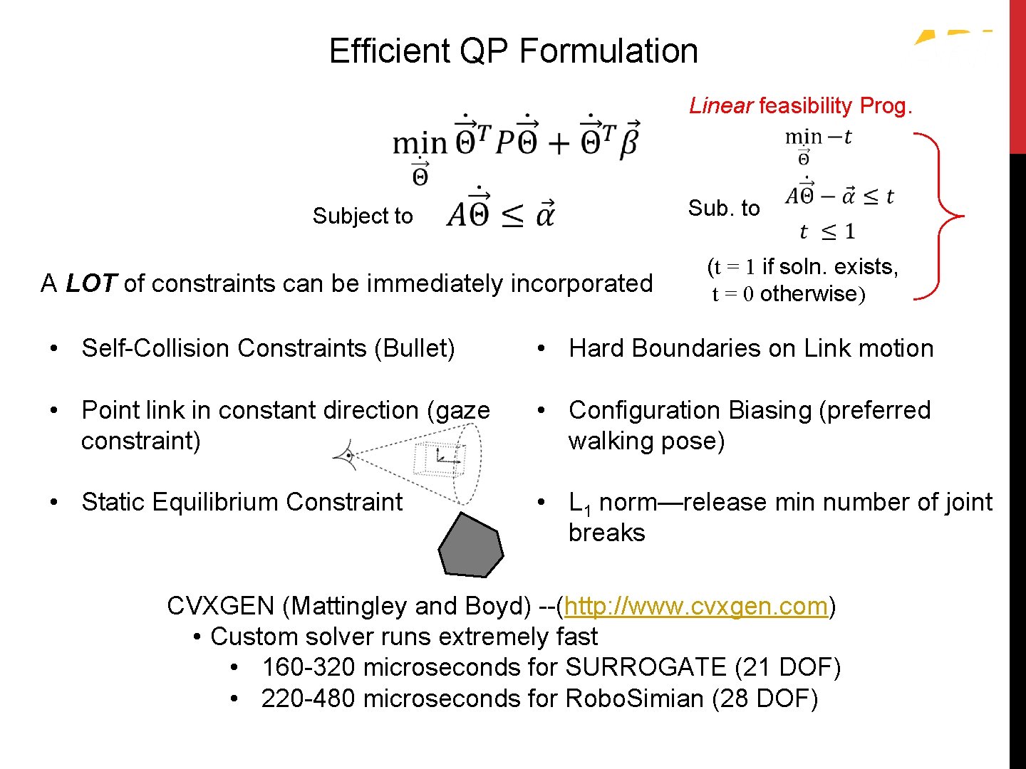 Efficient QP Formulation Quadratic Programming (QP) Linear feasibility Prog. Subject to Sub. to A