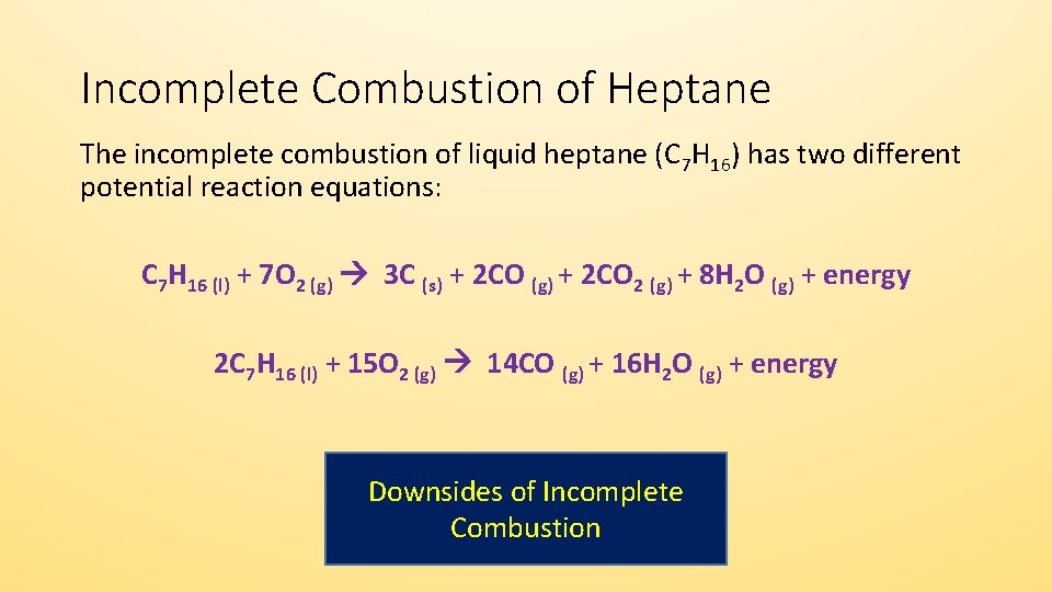 Incomplete Combustion of Heptane The incomplete combustion of liquid heptane (C 7 H 16)