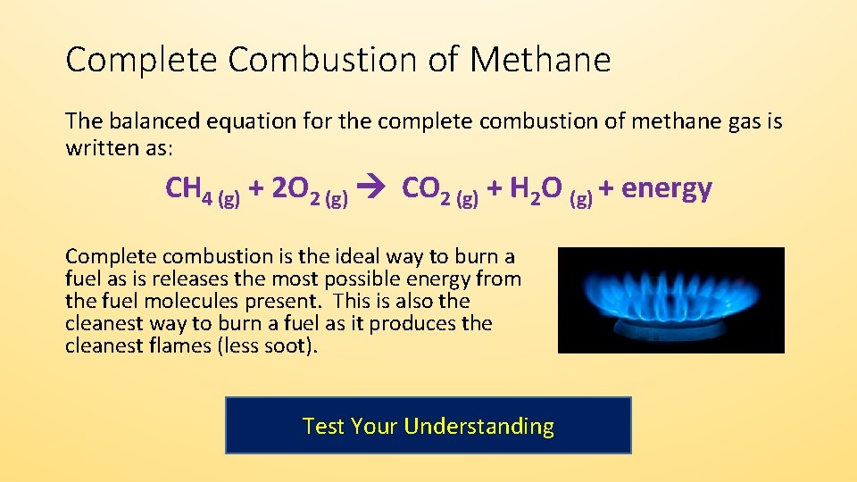 Complete Combustion of Methane The balanced equation for the complete combustion of methane gas