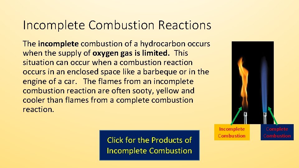 Incomplete Combustion Reactions The incomplete combustion of a hydrocarbon occurs when the supply of