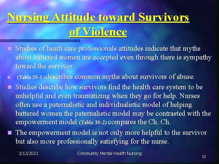 Nursing Attitude toward Survivors of Violence Studies of heath care professionals attitudes indicate that