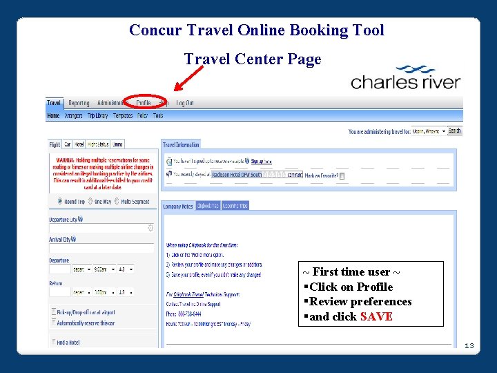 Concur Travel Online Booking Tool Travel Center Page ~ First time user ~ §Click