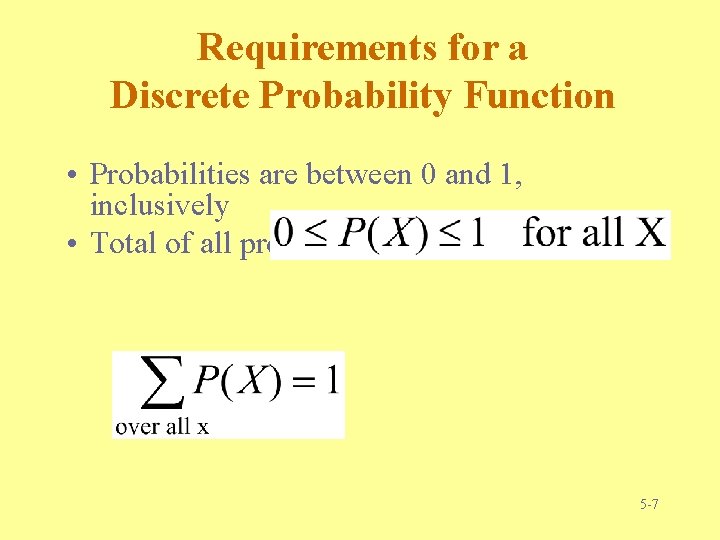 Requirements for a Discrete Probability Function • Probabilities are between 0 and 1, inclusively Requirements for a Discrete Probability Function • Probabilities are between 0 and 1, inclusively