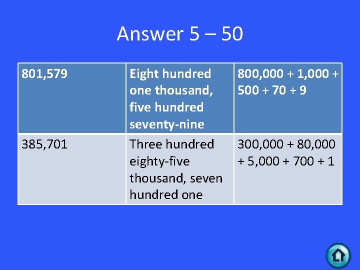 Answer 5 – 50 801, 579 385, 701 Eight hundred one thousand, five hundred