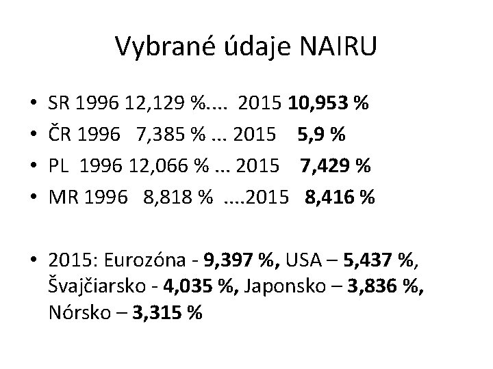 Vybrané údaje NAIRU • • SR 1996 12, 129 %. . 2015 10, 953