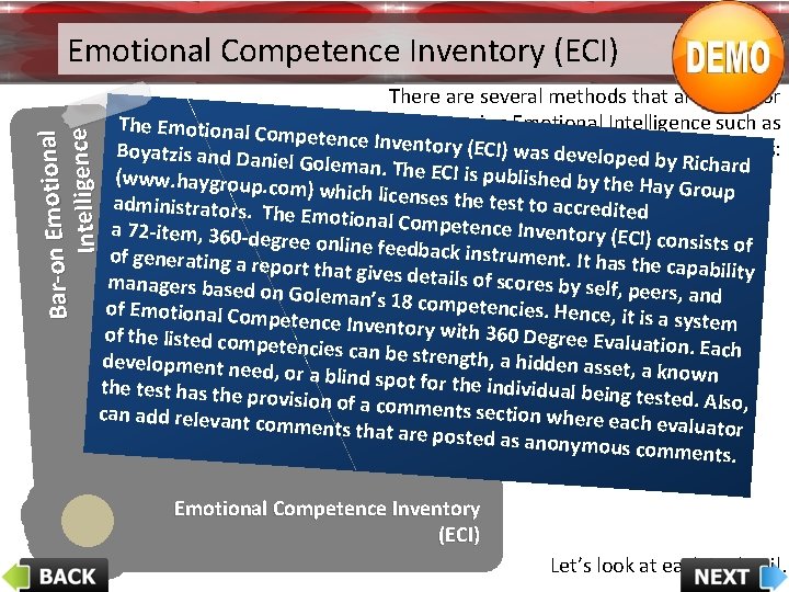 Emotional Competence Inventory (ECI) On - lin e. T es ts of EQ Work