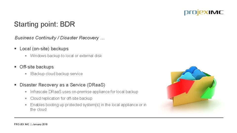 Starting point: BDR Business Continuity / Disaster Recovery … § Local (on-site) backups §