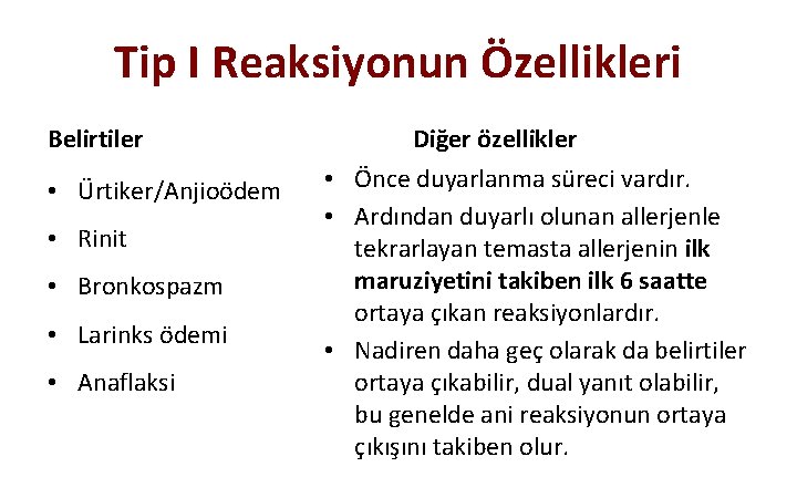 Tip I Reaksiyonun Özellikleri Belirtiler • Ürtiker/Anjioödem • Rinit • Bronkospazm • Larinks ödemi