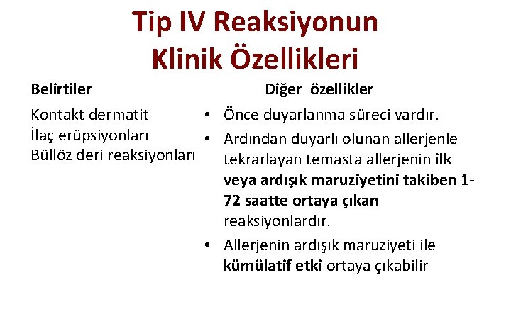 Tip IV Reaksiyonun Klinik Özellikleri Belirtiler Diğer özellikler Kontakt dermatit • Önce duyarlanma süreci