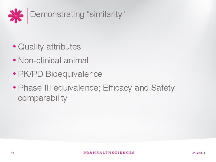 Demonstrating “similarity” • Quality attributes • Non-clinical animal • PK/PD Bioequivalence • Phase III